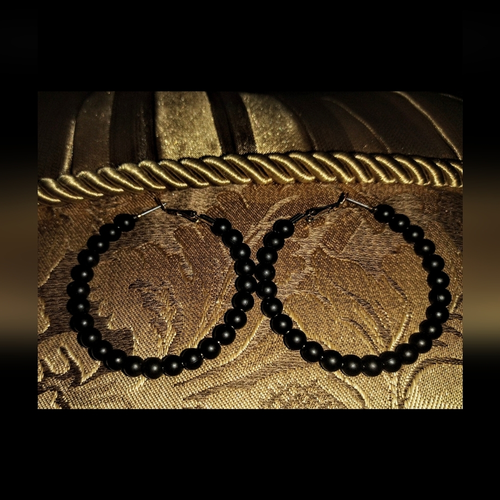 Matte Black Beaded Hoop Earrings